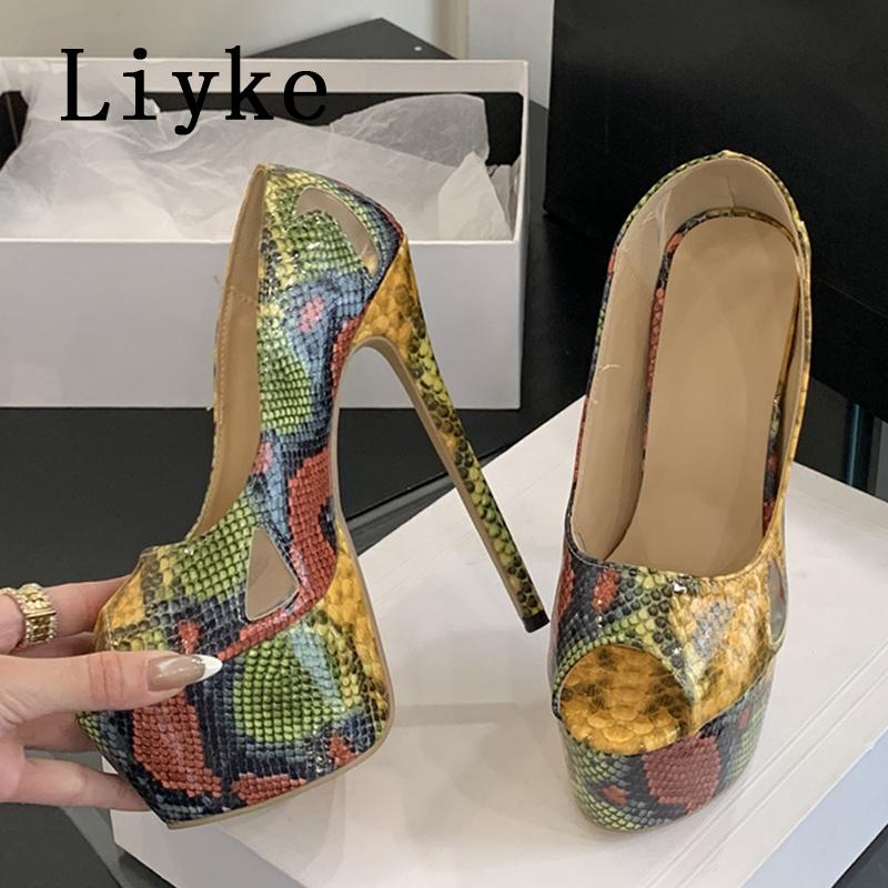 Fashion Liyke 2025 New Sexy Mixed Color Snake Print Platform Pumps Women Shoes Hollow Out Leather Summer Super High Heels Stiletto Mujer