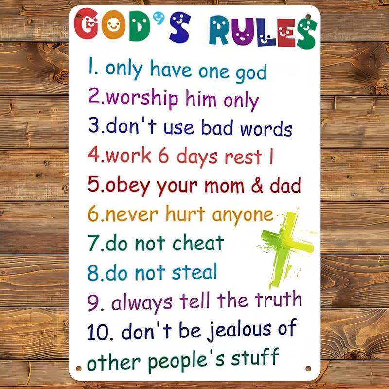 Blechschild Gottes Regeln Ich habe nur einen Gott Arbeitstage Ruhe Ich Mama Papa Niemals jemanden verletzen Nicht betrügen Nicht stehlen Lustig Retro Metall