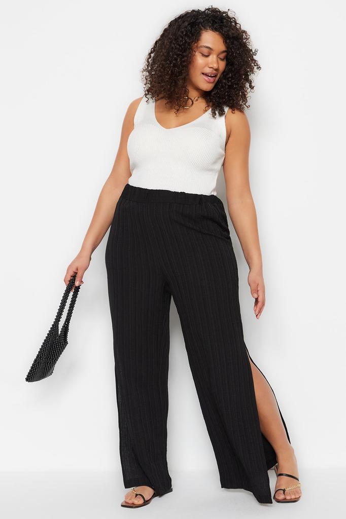Women's Style Plus Size Brown Slit Detailed Woven Beach Trousers