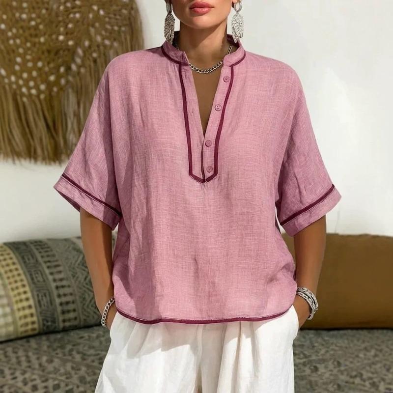 Women Summer Casual Loose V Neck Contrast Trim Comfortable Shirt S розовый