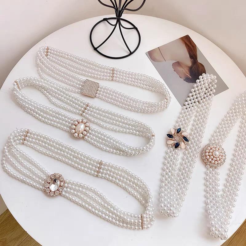 Women's Korean Style Pearl & Rhinestone Elastic Waistband for Dresses and Sweaters