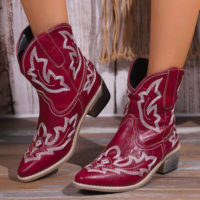 Fashion Women's Pointed Toe Cowboy Boots Super Size 43 Chunky Heels Embroidered Western Boots Woman 2024 V-Cut Wide Ankle Booties Female