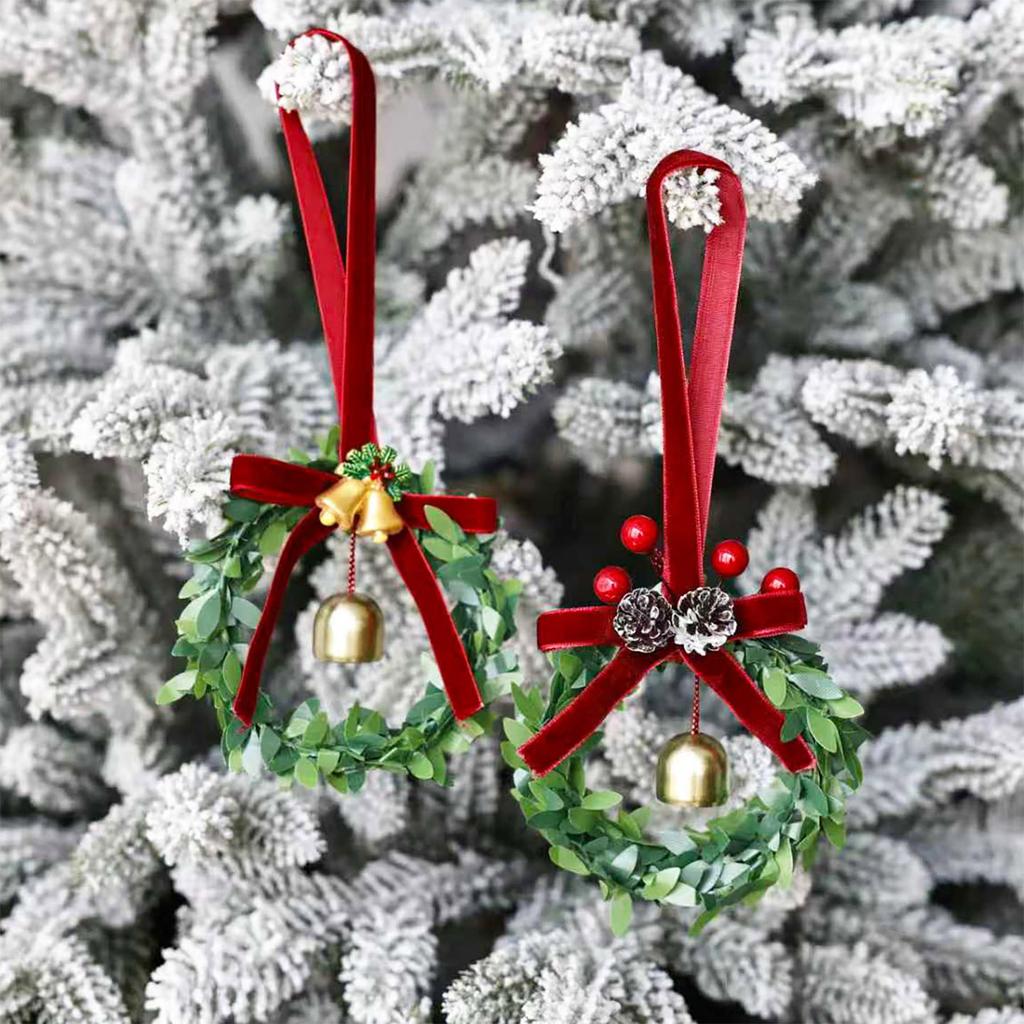 Flocked Bow Bells Wreath with Red Berries for Christmas Tree Decoration, Holiday Floral Garland for Door Hanging