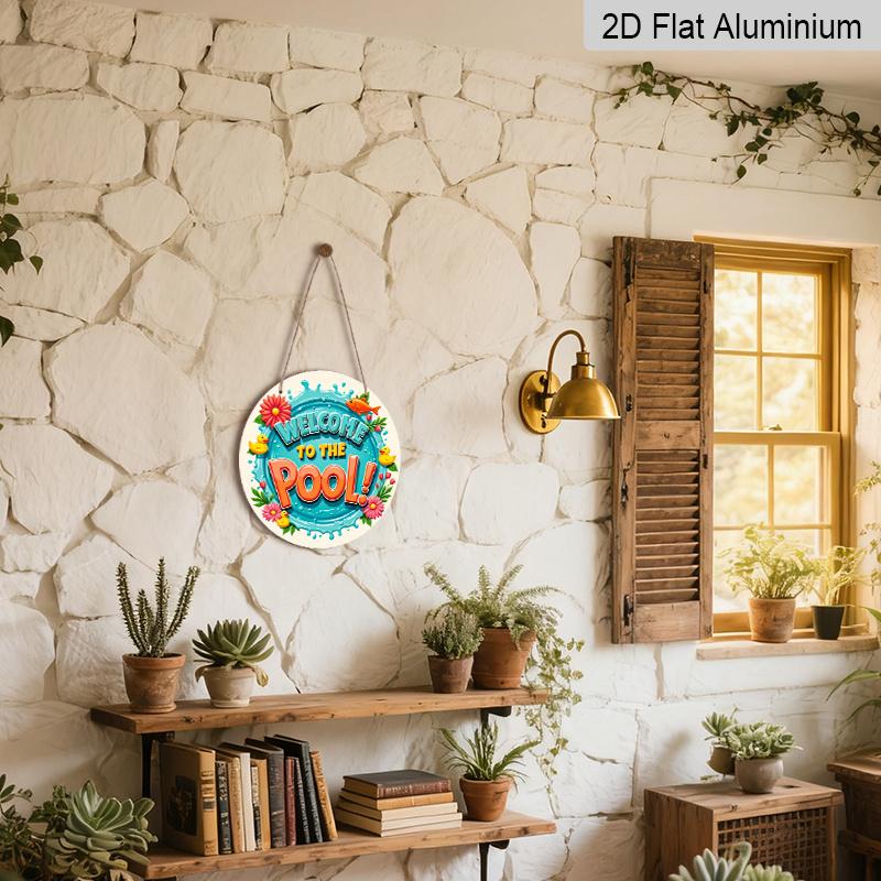2D Flach, 1 Stück Runde Aluminium "Willkommen am Pool" Schild, Niedliche Gummi-Ente & Floraler Wasserspritzer Metallschild, Helles Buntes Sommerdesign, Idee für