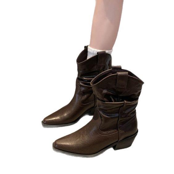 2025 Autumn and Winter New Fashion Square Head Thick Heel Sleeve Western Boots Fashion Temperament Heap Boots Versatile Short Boots Women