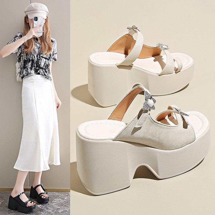 Summer France Style Outside Slim 10 CM High Heels Platform Peep Toe ButterFly Decoration Genuine Leather Women Rome Slippers