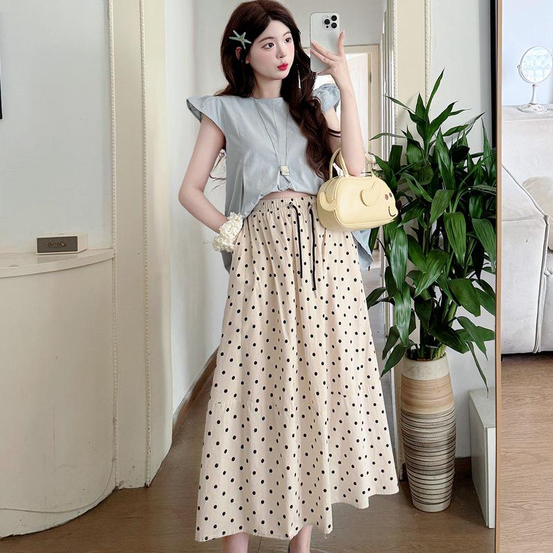 2026 Summer Maternity Polka Dot Two-Piece Set: Short Sleeve Top & Skirt Outfit 2XL