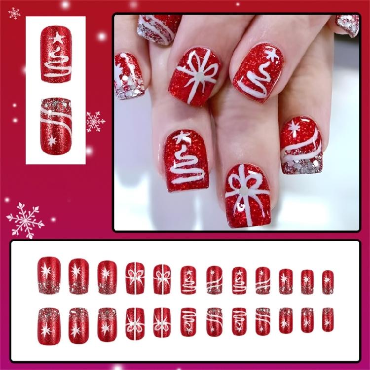 Elegant Glossy Christmas Stick on Nails Acrylic Full Cover Press on Nails for Women Manicure Nail Art 24PCS