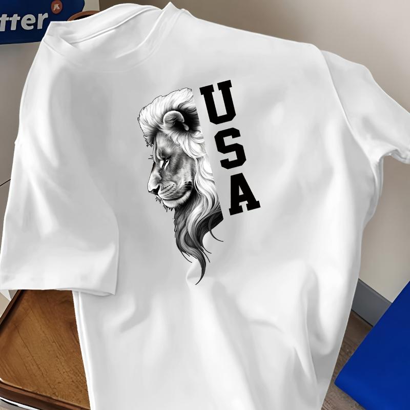 

USA Lion Split Graphic T-Shirt,Soft Breathable & Fade-Resistant, Classic Fit for Daily Casual Wear XXL белый