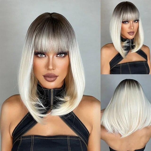 Peruci sintetice drepte mătăsoase blonde cu breton Perucă lungă medie platină naturală pentru femei Cosplay rezistentă la căldură