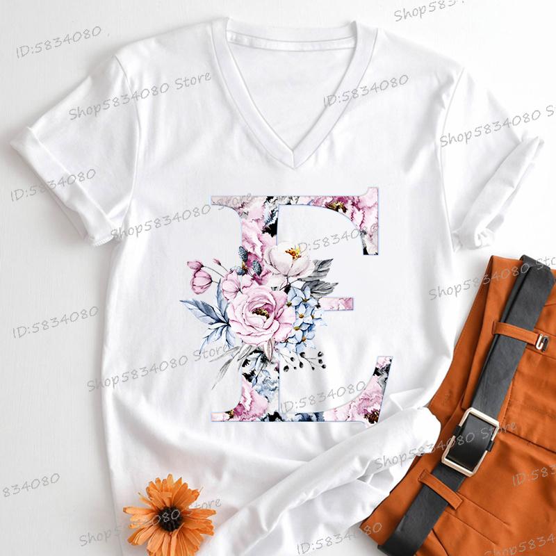 Watercolor Letter C Print Women Vneck Tshirts 26 Initials Flower Retro Classic Tops Alphabet Floral Womens Birthday Gift Tees