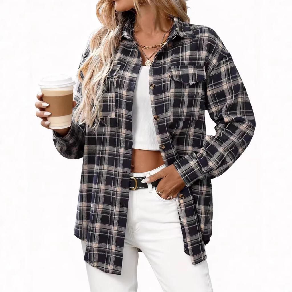 European & American Women's Casual Plaid Pocket Shirt – Autumn Winter 2025 Collection