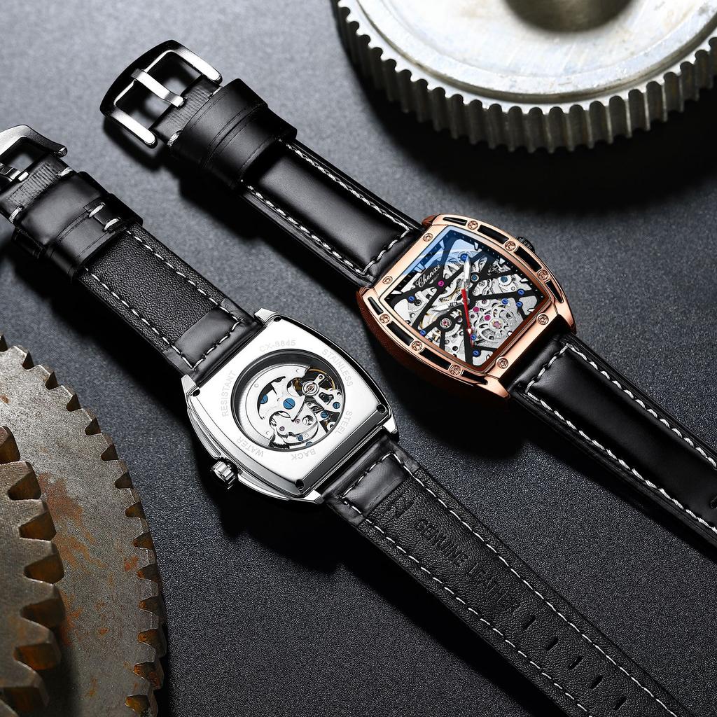 New TOP Brand Luxury Men's Watch With Box Men's Wine Barrel-shaped Hollow Automatic Leather Waterproof Men's Mechanical Watches
