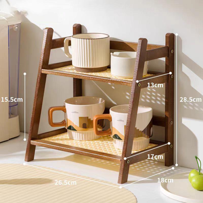 2 Layer Spice Caddy Shelf Bamboo Kitchen Storage Rack Desktop Cabinet Organizer Display Rack Coffee Bar Counter Shelf Cup Holder