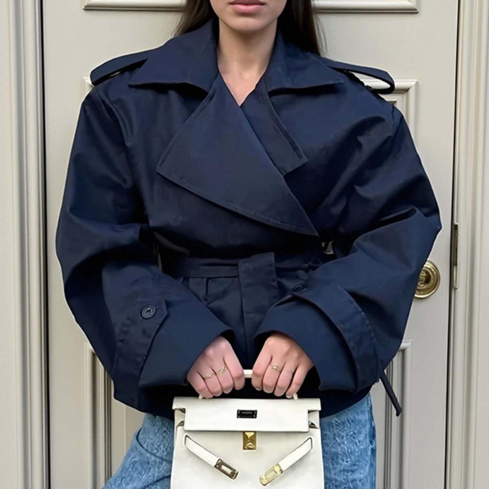 Women's Turn Down Collar Long Sleeve Trench Coat Loose Fit British Style Short Jacket