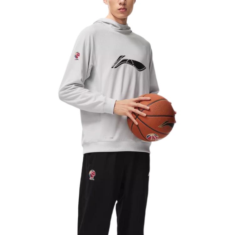 Li Ning CBA Professional Basketball Series Logo Print Sweat-Absorbing Hooded Fleece Sweatshirt Men Sweatshirt Chuan-Stone-Grey AWDT883-6