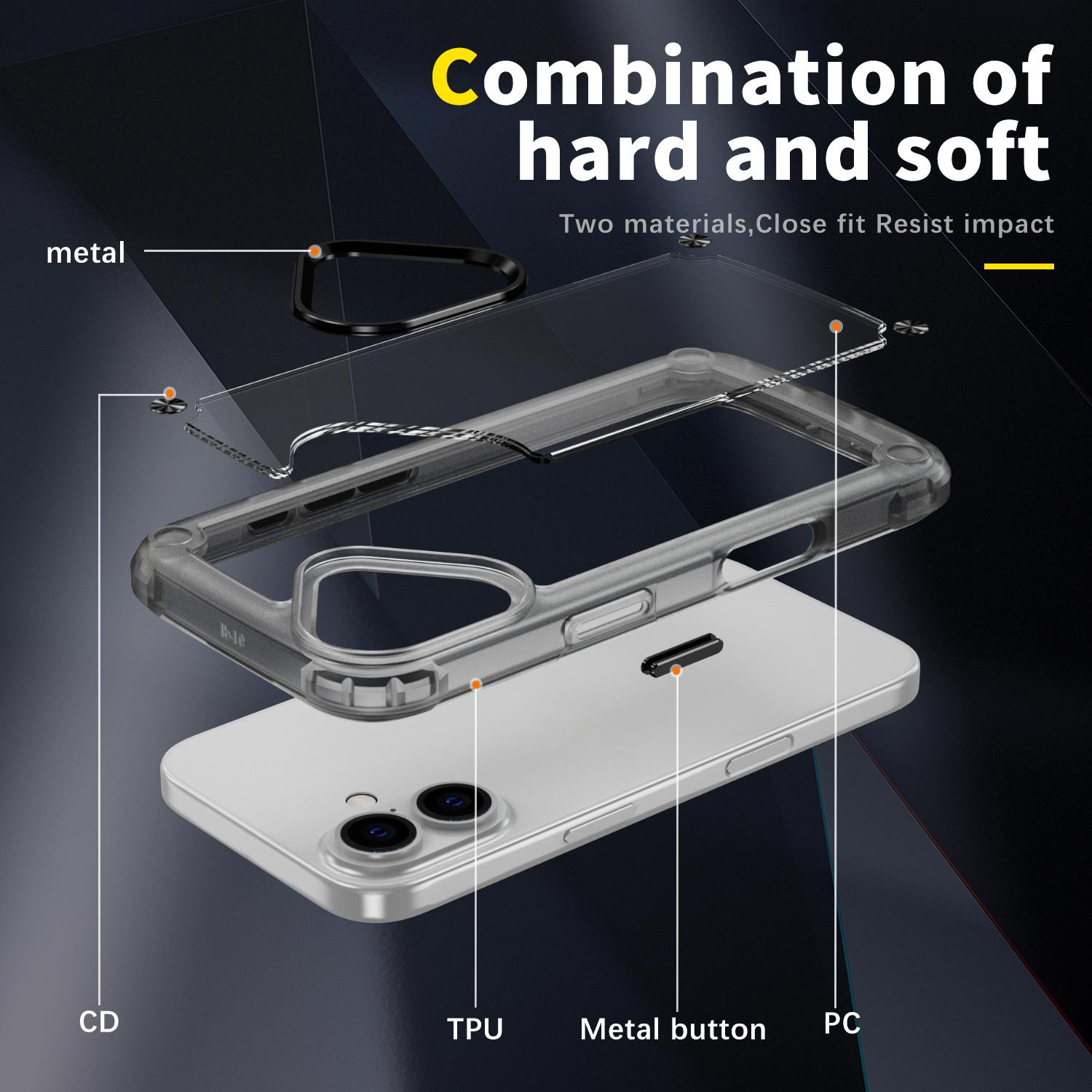 

For iPhone 16 Case Anti-drop TPU Frame Clear PC Back Cover Transparent Black