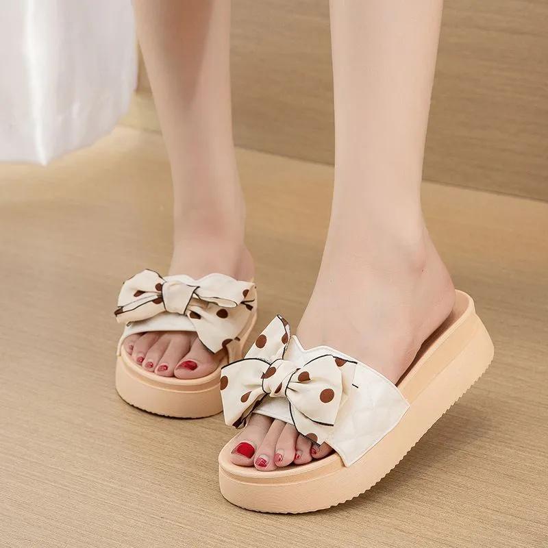 Women s Bow Slides Stylish Height-Increasing Soft-Soled And Non- Summer Sandals 35 бежевый 1090₽