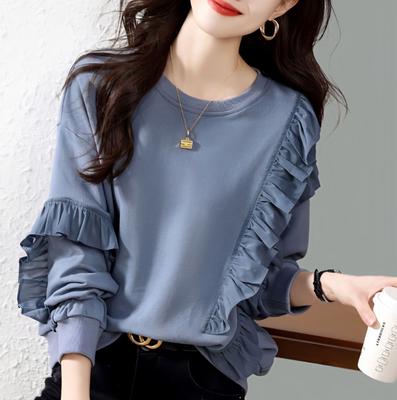 Herbstliches, lässiges, lockeres Design, Chiffon-Rüschenrand, langärmeliges Rundhals-Sweatshirt in Dunstblau für Damen