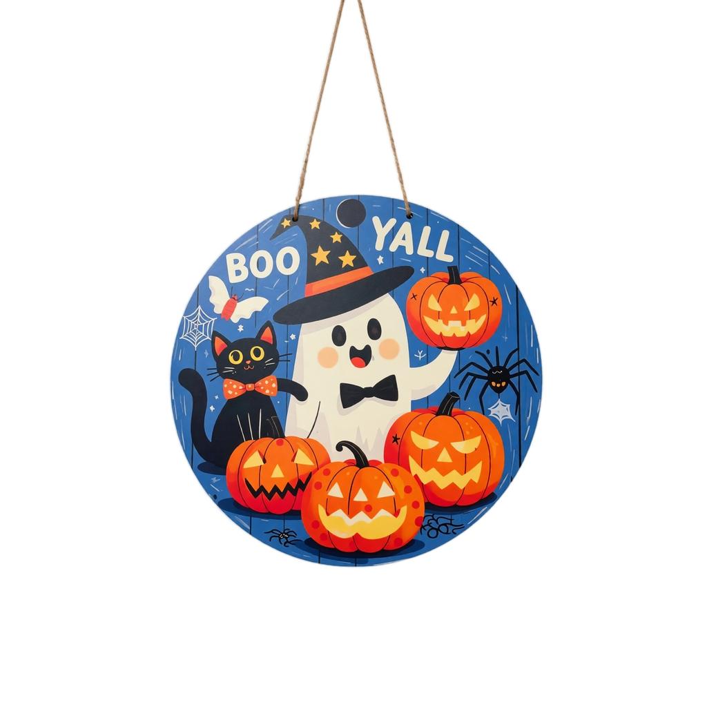 30cm Round Wooden Halloween Theme Door Sign Ghost Pumpkin Cat Party Wall Hanging Decoration for Home Indoor Outdoor Use