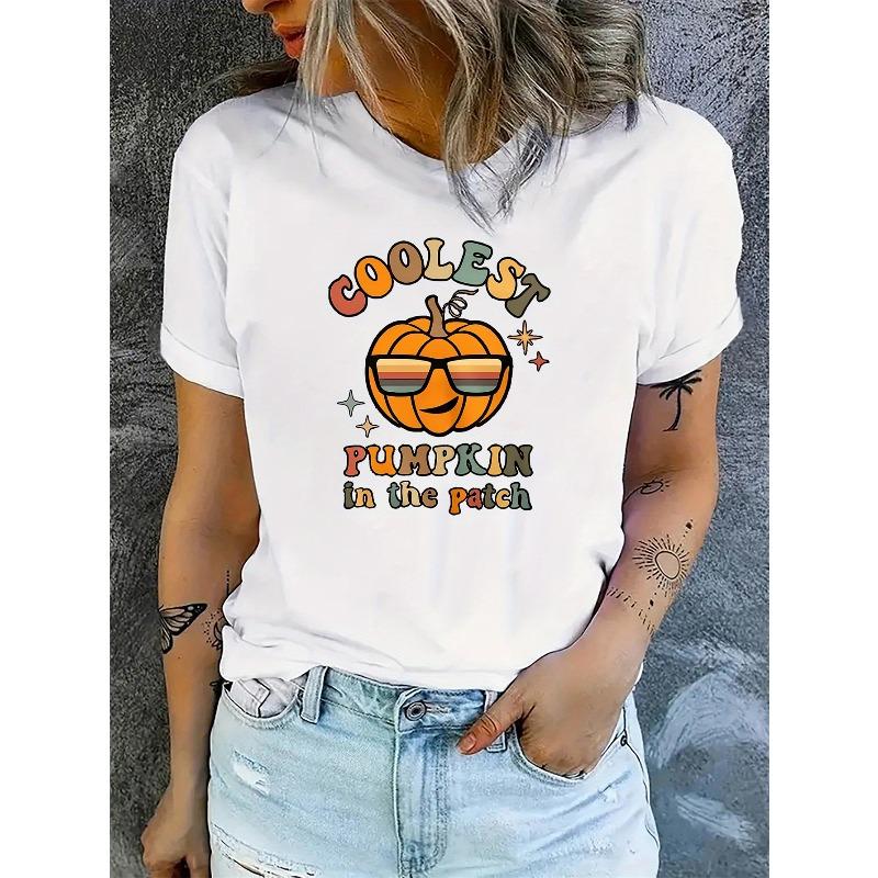Fashionable Round-Neck WOMEN'S Short-Sleeve T-Shirt for Women Featuring a Fun Halloween Cartoon Pumpkin Design