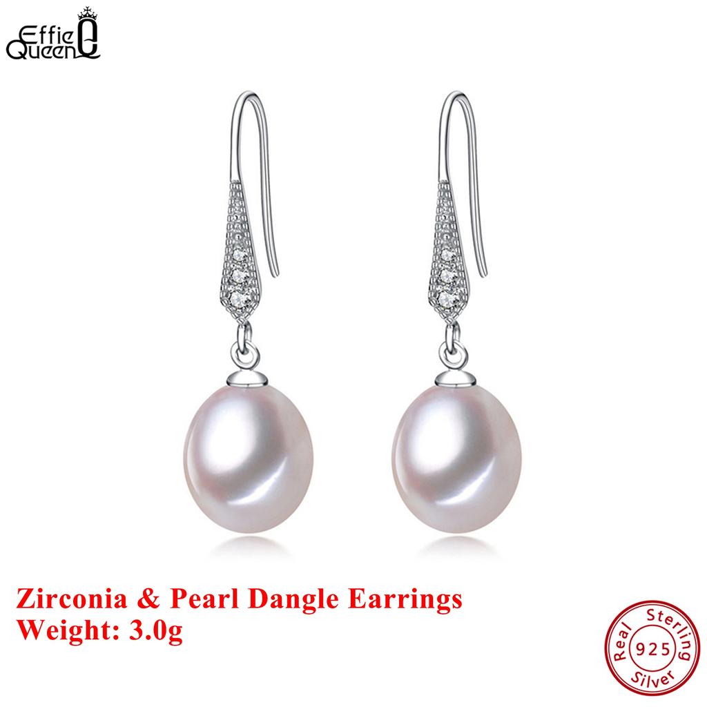 Effie Queen 925 Pure Silver Oval Freshwater Pearl Dangle Earrings WithZirconia Fine Jewelry for Women Banquet Party Gift GPE01