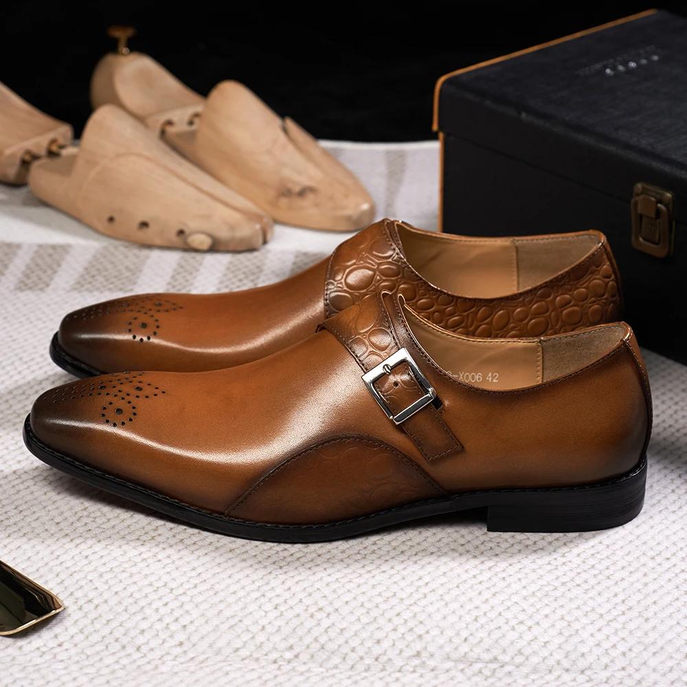 Fashion Luxury Men's Genuine Leather Monk Strap Shoes Cowhide Business Office Formal Dress Shoes with Buckle Italian Style for Weddings