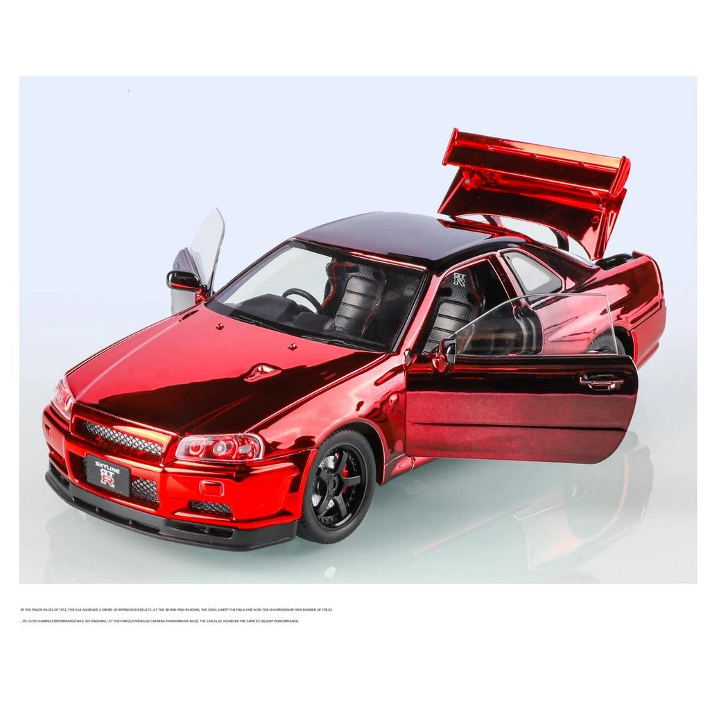 1/24 Nissan Electroplated GT-R GTR R34 Alloy Sports Car Model Diecasts Metal Track Racing Car Vehicles Model Sound Light Kids Toys Gift