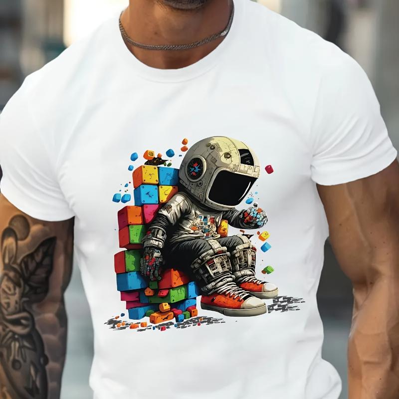 

Astronaut With Rubik s Cubes T-Shirt,Soft Breathable & Fade-Resistant, Classic Fit for Daily Casual Wear XXL білий