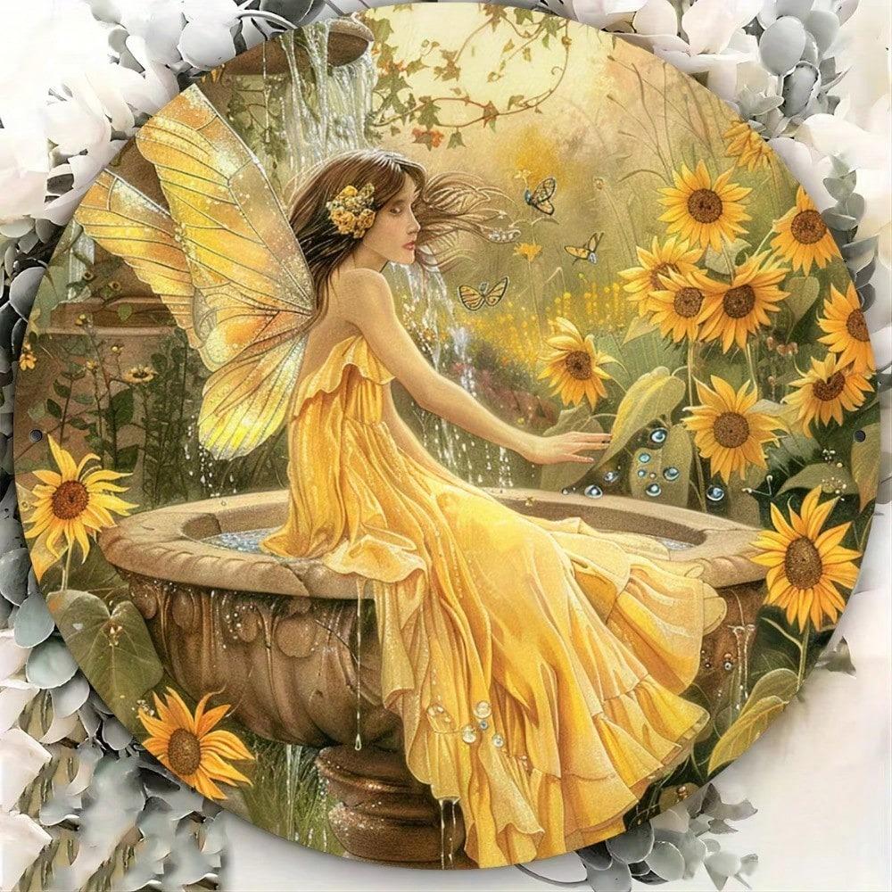 Vintage Sunflower Fairy Round Aluminum Sign 8x8 Inch Metal Wall Art Tin Finish Home Restaurant Cafe Decor