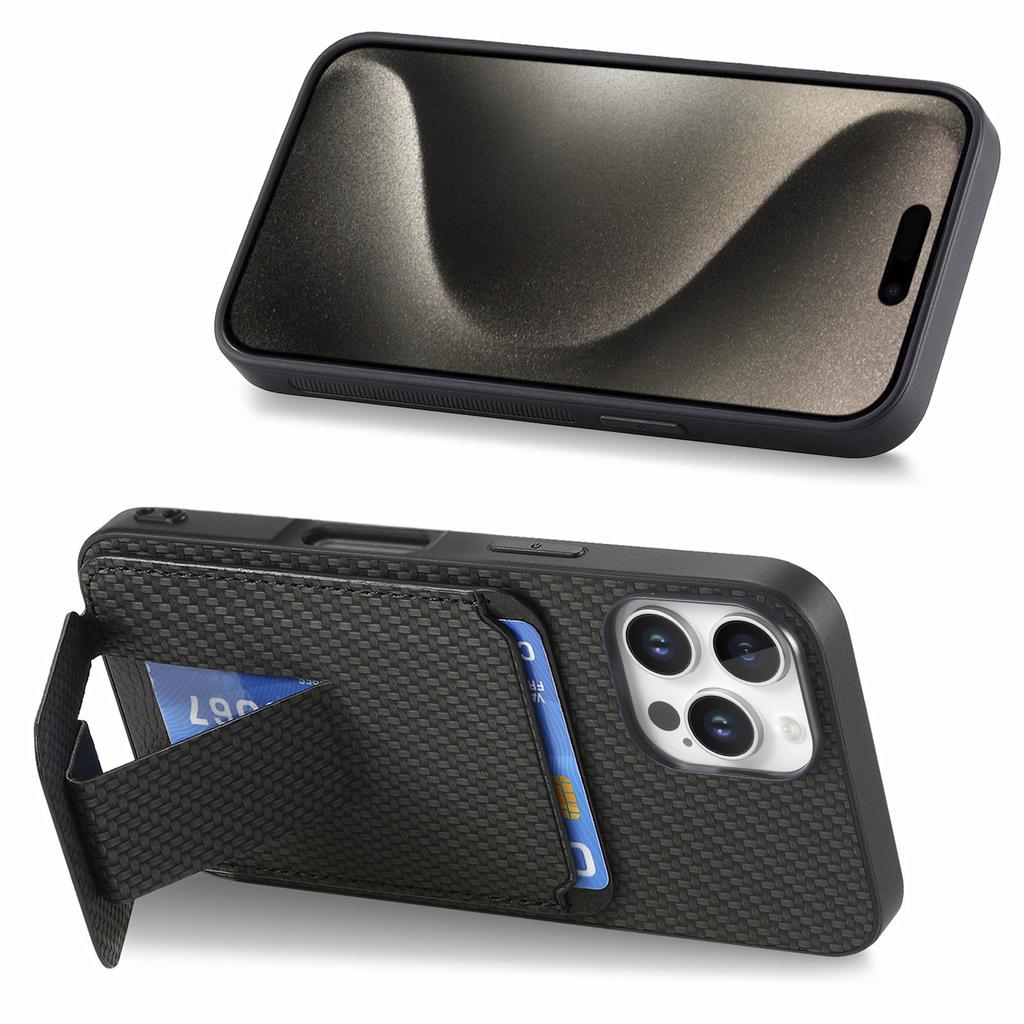 C1-11 for iPhone 16 Pro Max Case Card Holder Carbon Fiber Texture Leather Coated TPU Phone Cover