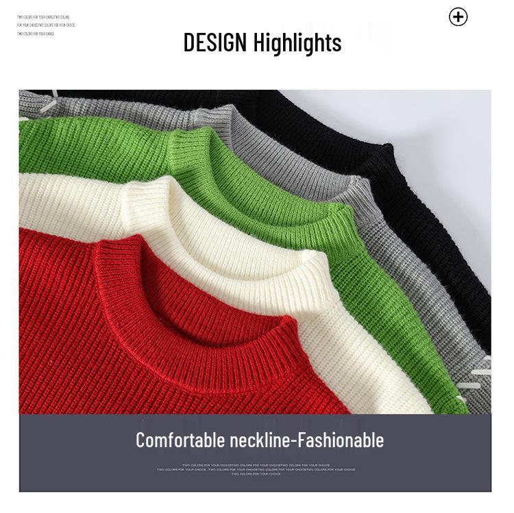 Men's Thickened Red Sweater for Autumn/Winter - Warm, Knitted, Round Neck, Trendy Base Layer