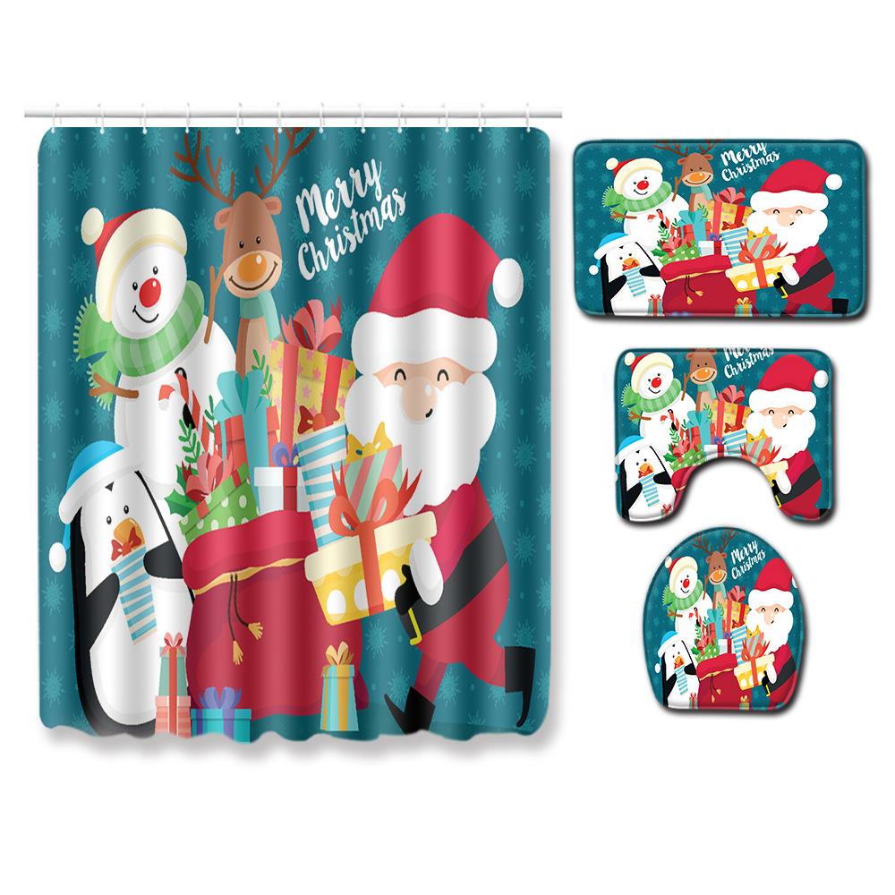 Christmas Shower Curtain Four-Piece Toilet Floor Mat Non-Slip Doormat Water Absorption And Dust-Proof Carpet