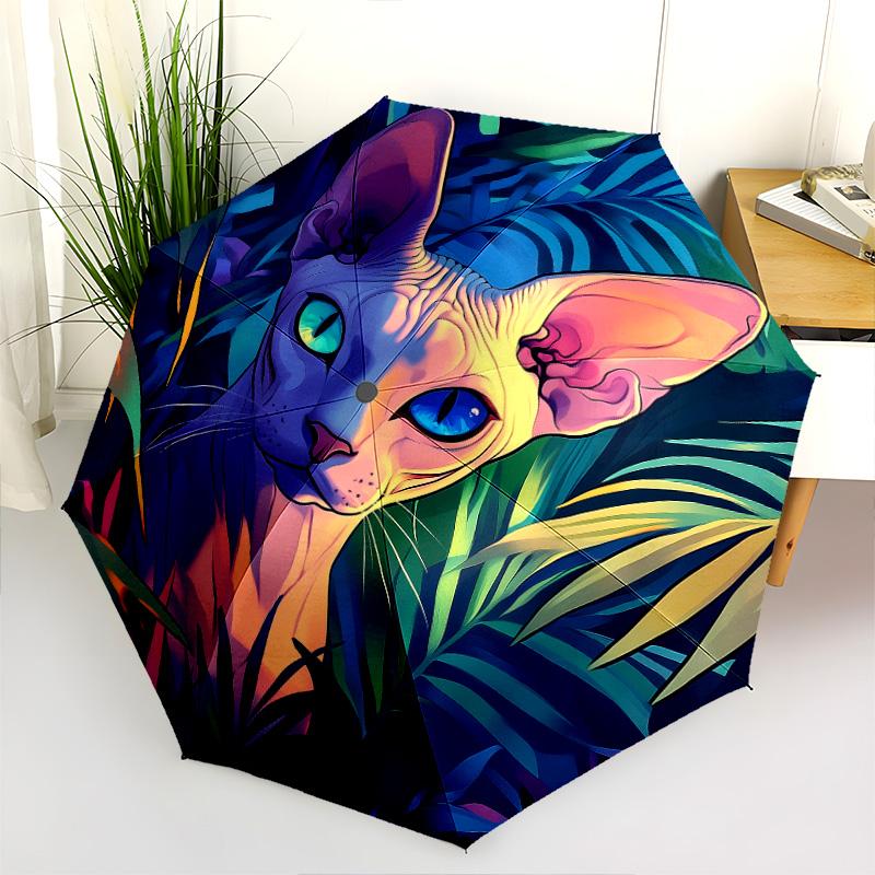 Plant Cat  pattern, automatic folding umbrella, portable and foldable design, 8 ribs, a Christmas or birthday gift.