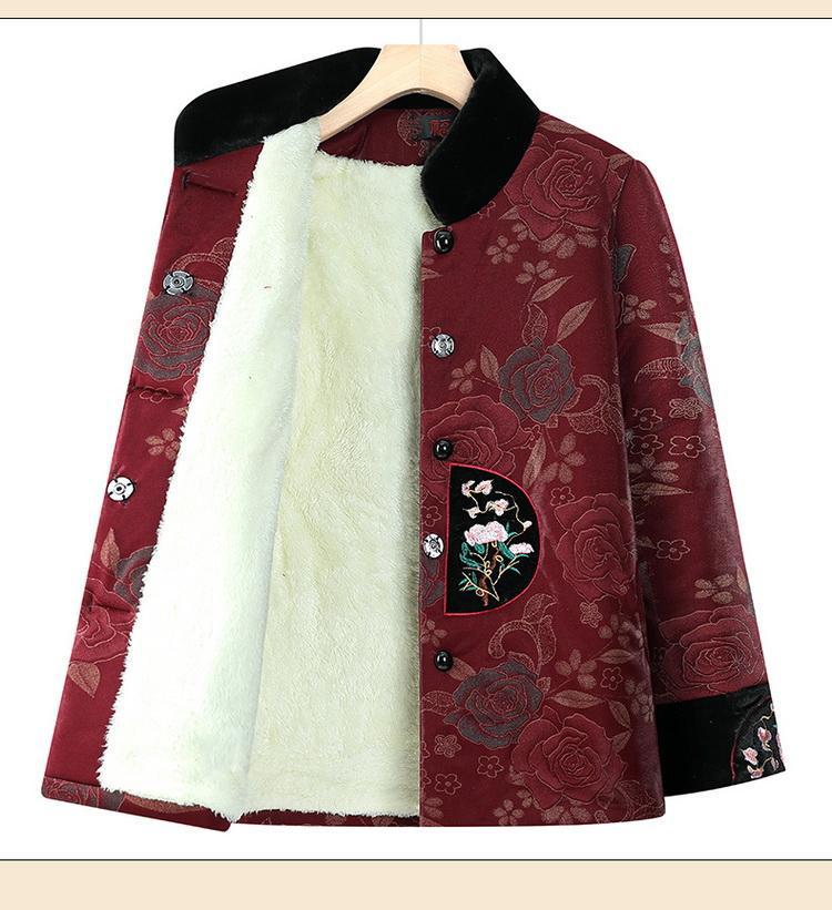 Vintage Chinese Style Winter Cotton-Padded Jacket with Fleece Lining for Middle-Aged and Elderly Women
