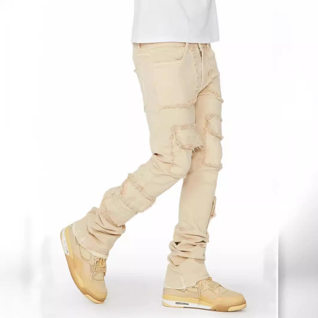 

Men s Straight-Leg Workwear Jeans: Stylish Stretch Patchwork Light Yellow Denim Layered Slightly Flared Pants S светло-желтого