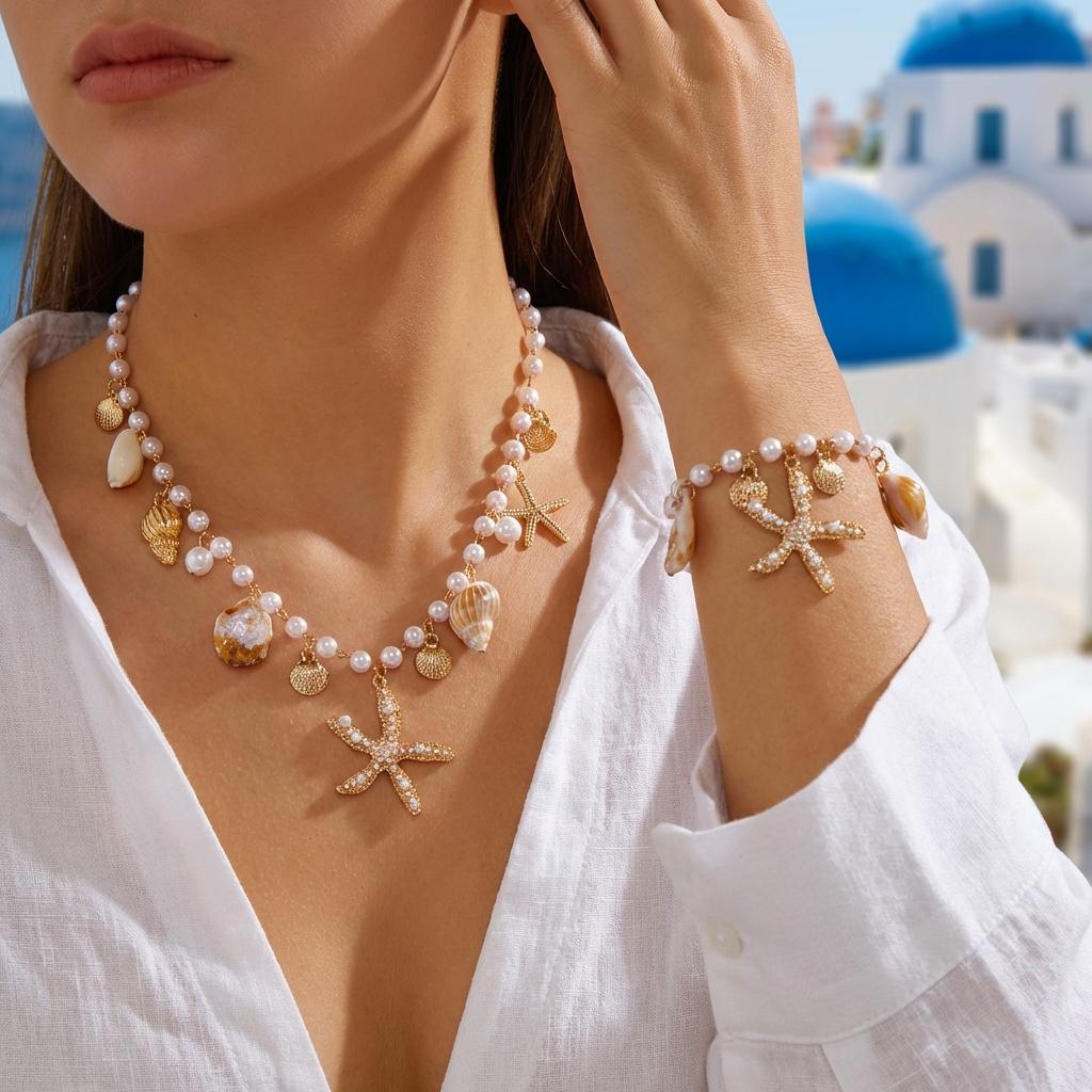 Ocean Style Imitation Pearl Starfish Shell Pendant Bracelet for Women Boho Conch Metal Chain Bangles Summer Beach Party Jewelry