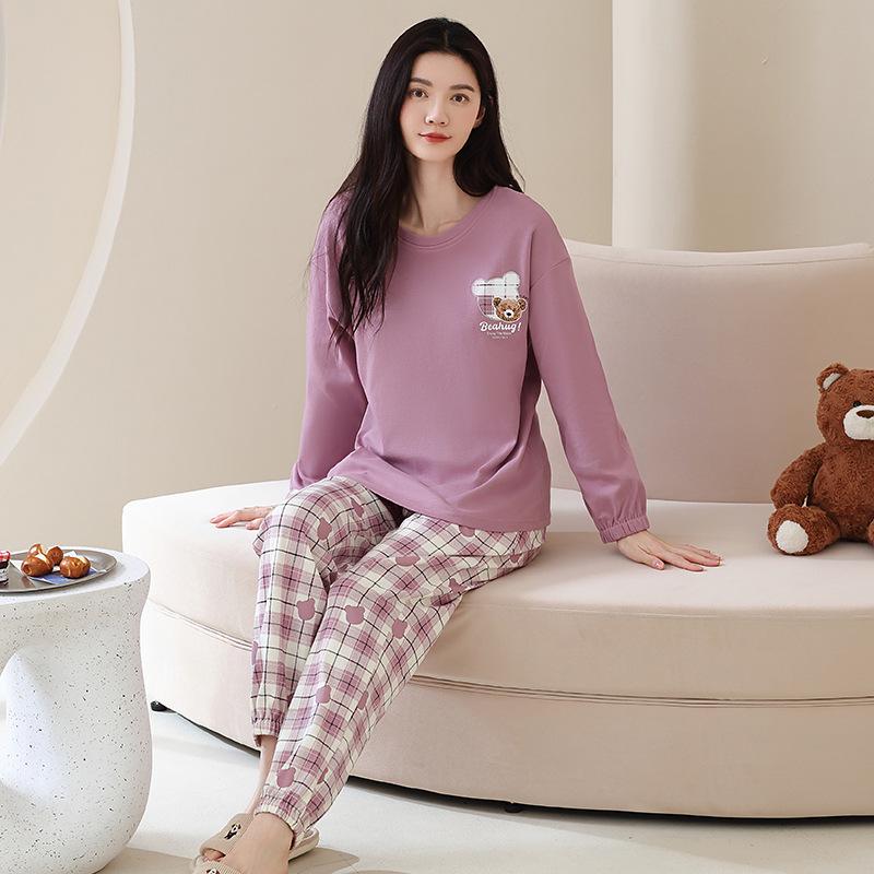 Ensemble de Pyjama pour Femme 100% Coton – Respirant, Absorbant la Sueur, Manches Longues Col Rond pour Porter à l'Intérieur et à l'Extérieur (Automne hiver)