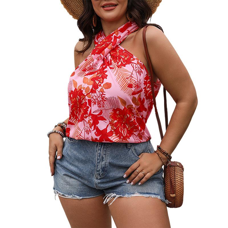 Nuova Maglietta a Maniche Corte con Stampa Senza Spalle da Donna con Scollo Halter Incrociato e Allacciatura sulla Schiena, Maglietta Pullover Estiva Casual alla Moda, Maglietta Larga Traspirante Plus Top