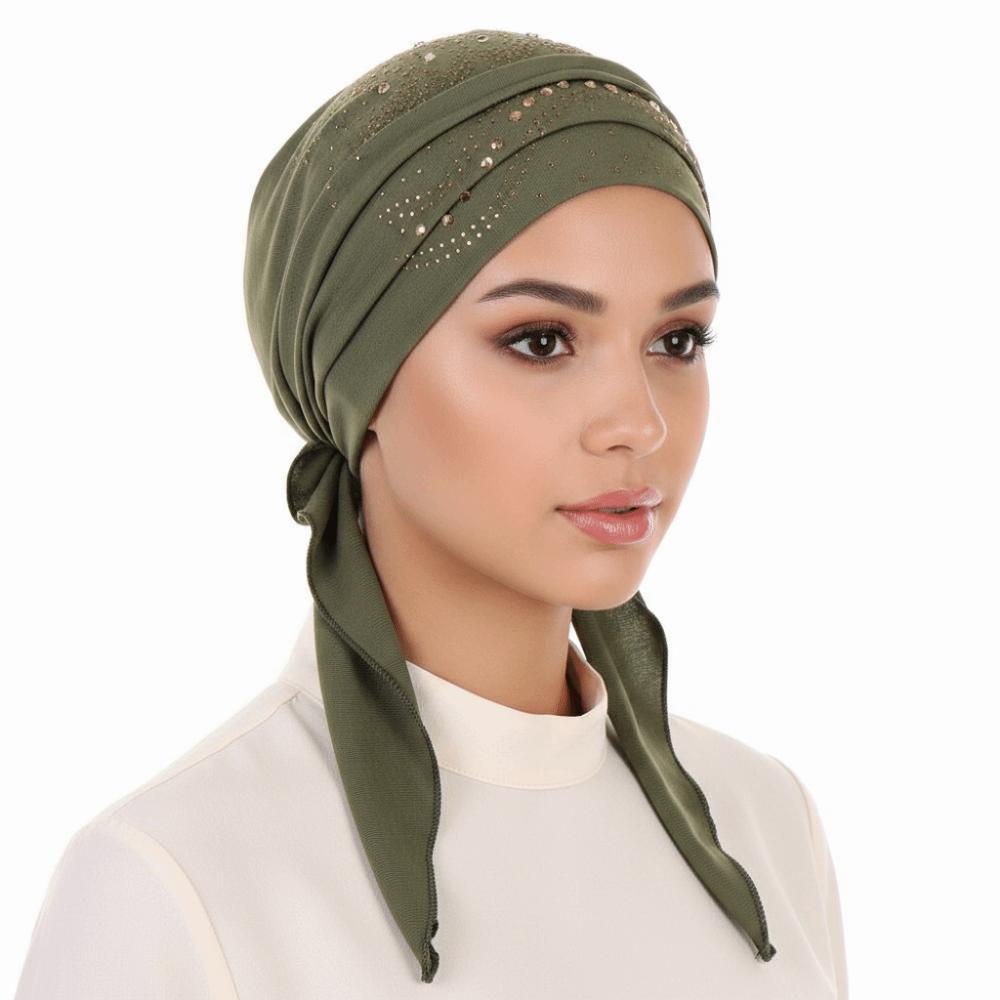 Solid Color Muslim Headscarf Hat Soft Elastic Rhinestone Hijab Caps Casual Wear