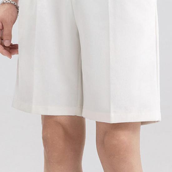 Men Suit Shorts Mid-rise Solid Color Straight Wide Leg Shorts with Pockets Knee-Length