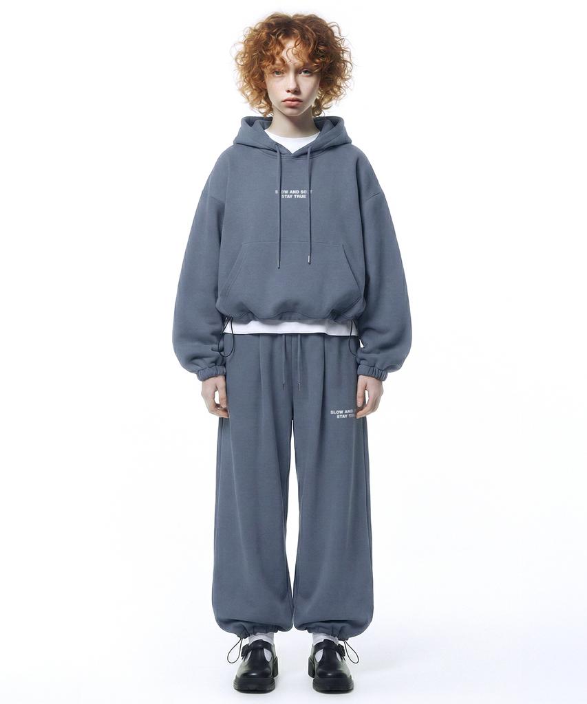 [Set] Small Slow And Soft String Oversized Hoodie + Single-Pleat Wide Pants - Blue-Gray