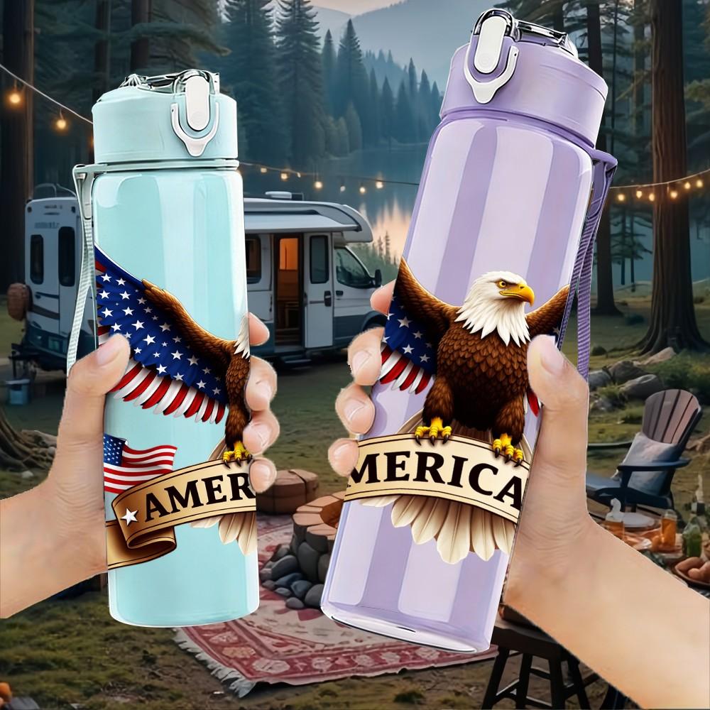 1PC Bald Eagle American Flag Patriotic Print 750ml Color Plastic Sports Water Bottle Leakproof Flip Straw Lid Suitable for Sports Office Home Use