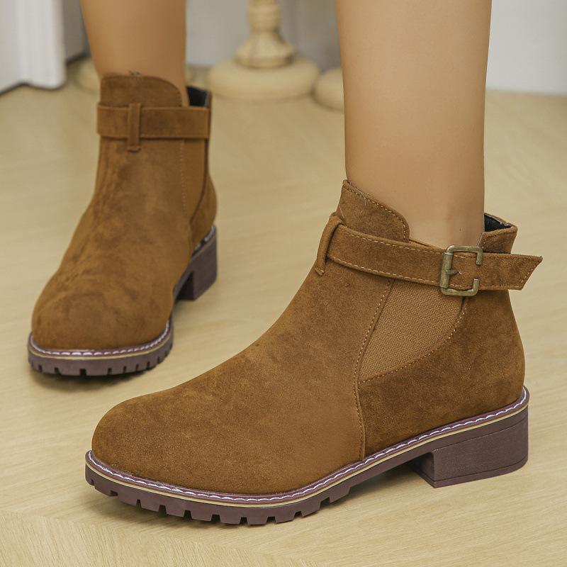 Large size women's boots autumn and winter new Martin boots low heel square heel belt buckle short tube elastic sleeve suede
