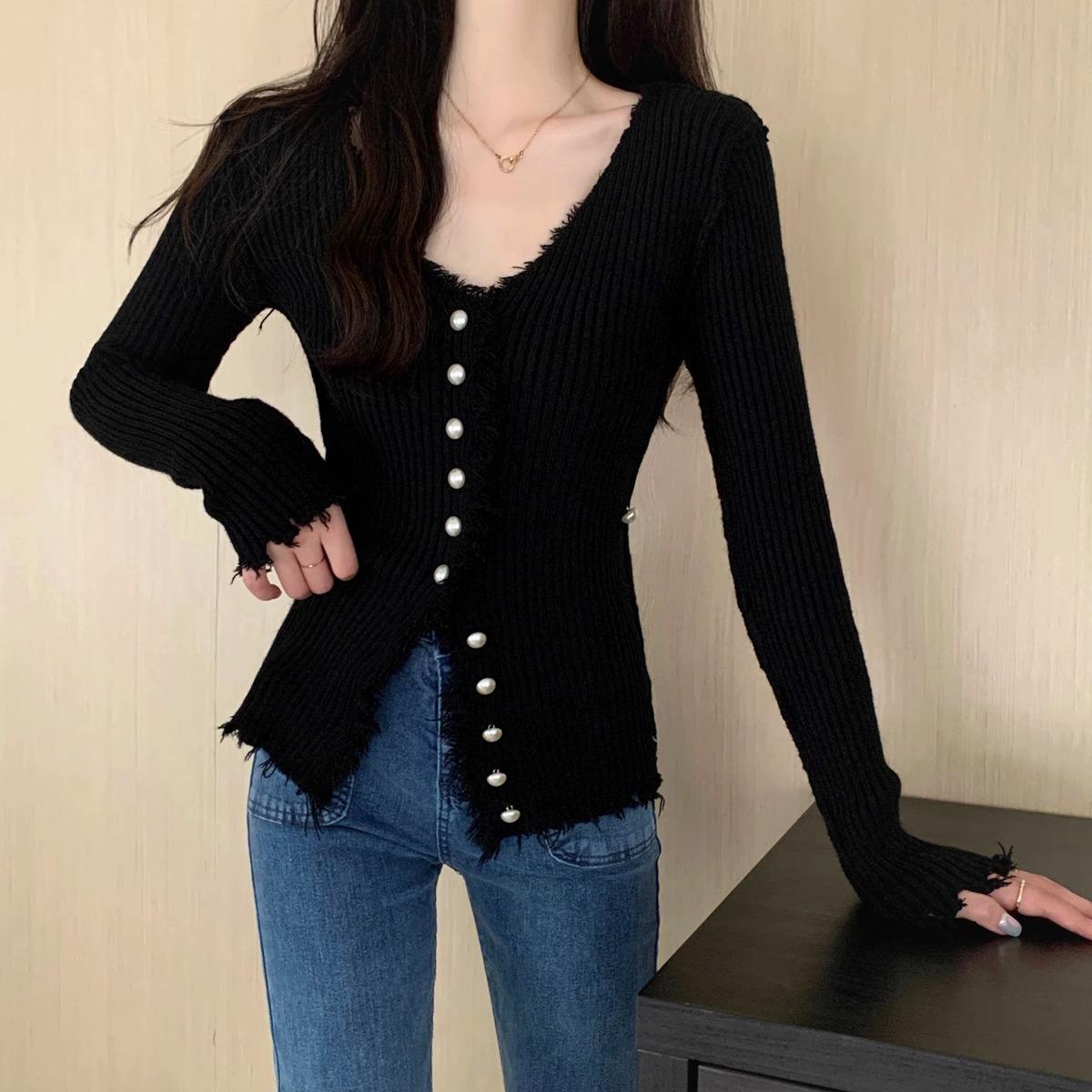 

Осенне-зимний корейский стиль V-образный вырез приталенный базовый свитер женский кисточкой дизайн ногтей бусины вязаный кардиган топ L чёрный