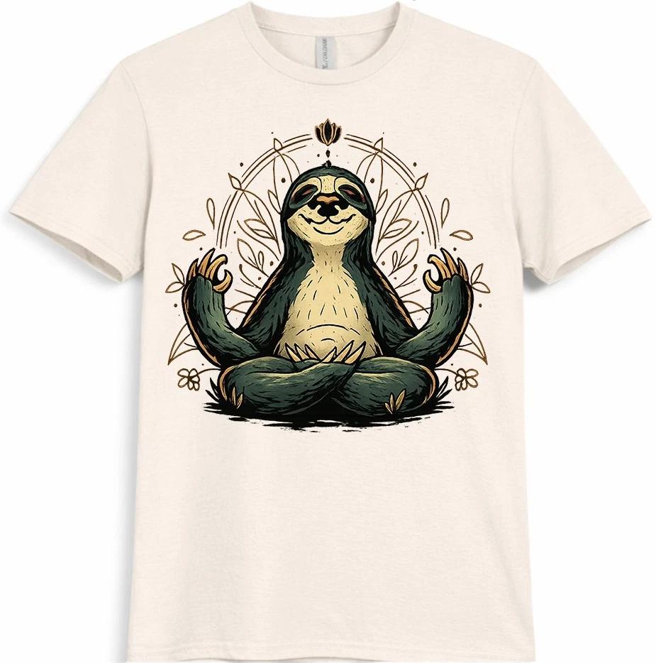Yoga T-Shirt Meditating Sloth Graphic Cute Zen Mandala Animal Design Tee XS