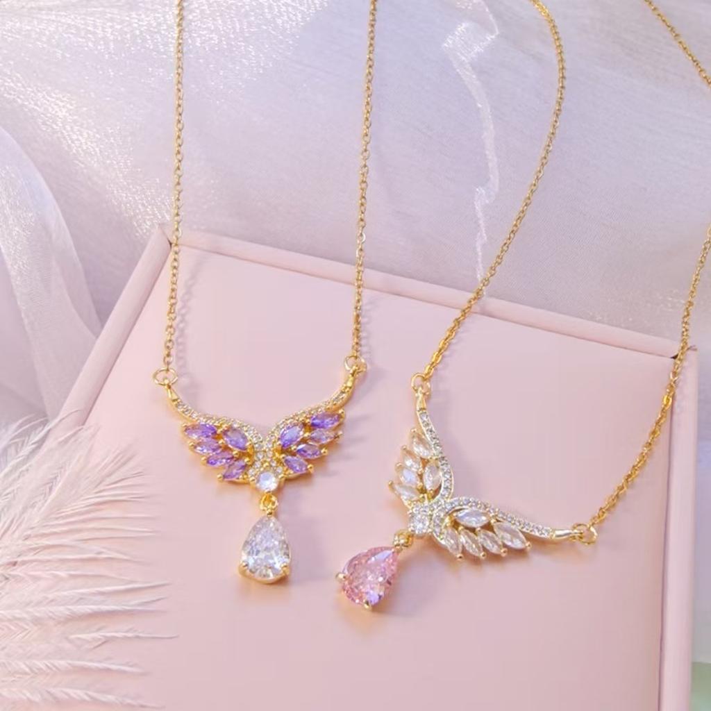 Titanium Steel Zircon Angel Wings Necklace Female, High Sense Light Luxury Temperament, Water Drop Pendant Collarbone Chain