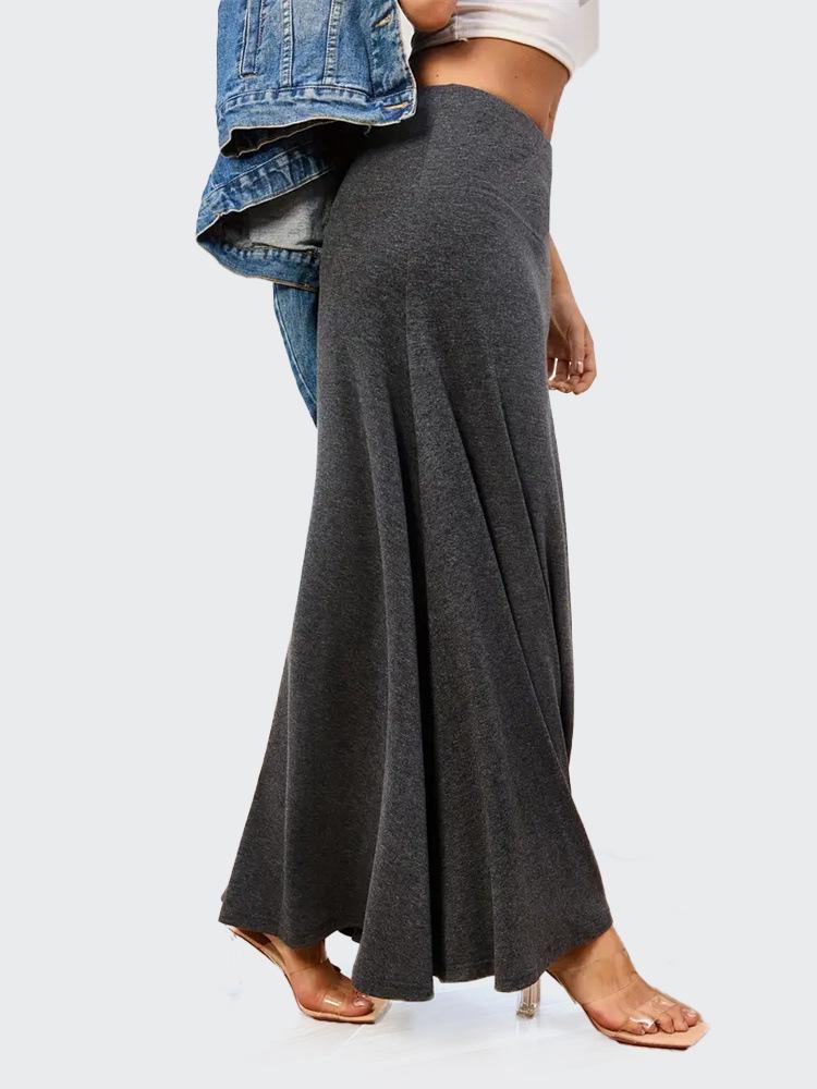 European & American Commuter A-Line Midi Skirt - Solid Color, Knit, Polyester-Cotton, Micro-Elastic, Spring/Autumn Wear