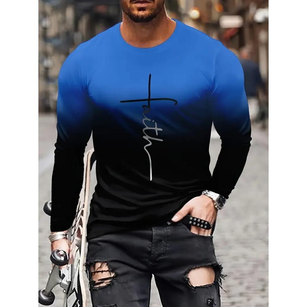 Fashionable 3D Letter Printed Men's Street Trendy Round Neck Long Sleeved T-shirt