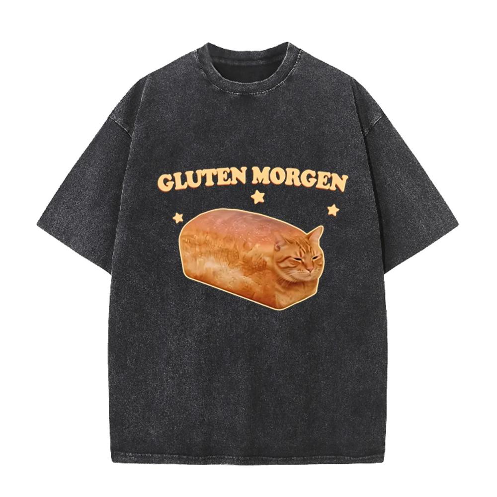 2026 Funny Bread Cat Gluten Morgen Graphic T Shirt Men Women Vintage Washed Black Unisex Casual Tee